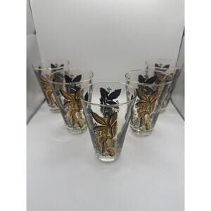 Vintage Dominion Glass Mid-Century Tumblers – Set of 5 | Black & Gold Leaf